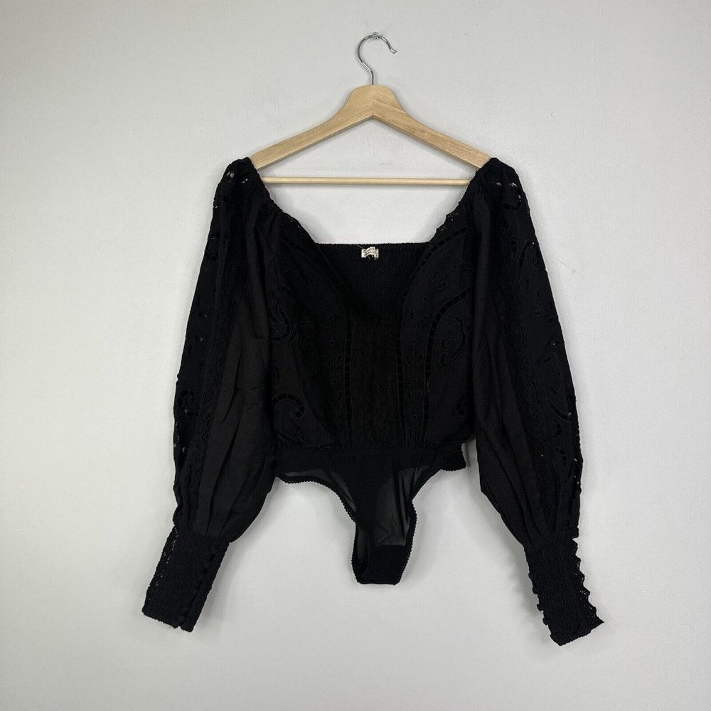 Free People Intimately Regina Eyelet Bodysuit Black XS Broderie Floral - Picture 7 of 11